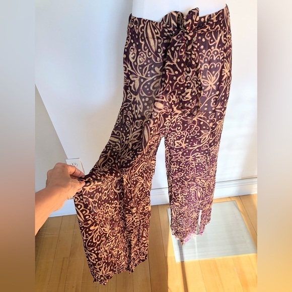 Vintage crepe plum & tan print sheer split leg cover up beach pants S 28” - Picture 1 of 12